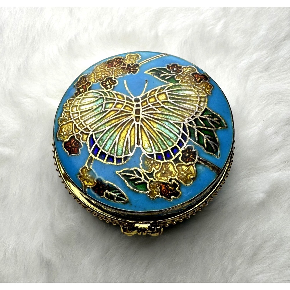 Vintage Butterfly Cloisonne Pill Box Hinged Floral Blue Fairy Cottage